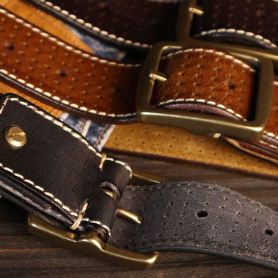 Men's British Style Hand-Stitched Perforated Leather Belt