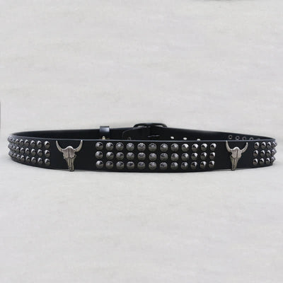 Western Bull Head Rivets Three Rows Studded Leather Belt