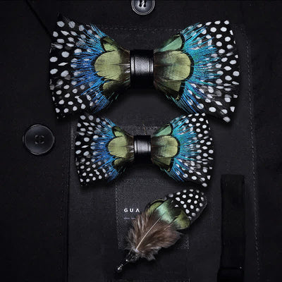 Green & Blue Polka Dots Feather Bow Tie with Lapel Pin