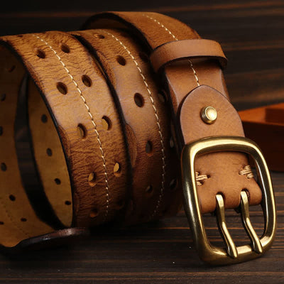 Men's Double Holes Brass Buckle Leather Belt