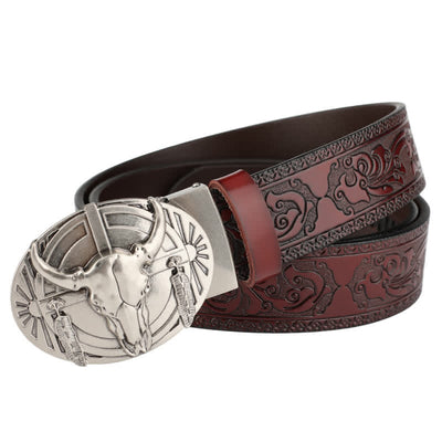 Men's Longhorn Bull With Feather Automatic Buckle Leather Belt