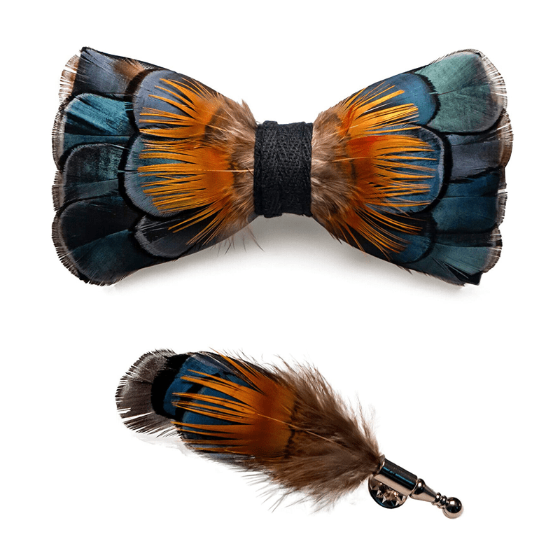 Kid's Green & Orange Sunflower Feather Bow Tie with Lapel Pin