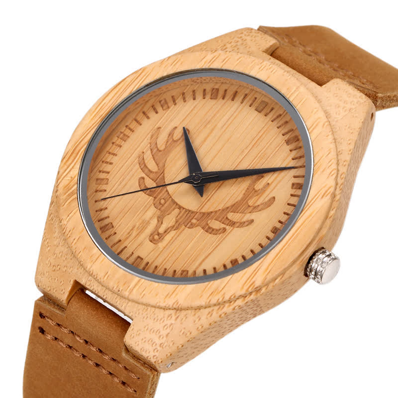 Men's Retro Carved Deer Dial Bamboo Wooden Watch