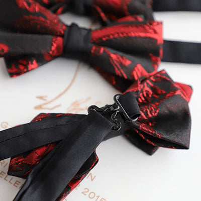 Men's Red Floral Pattern Black Bow Tie