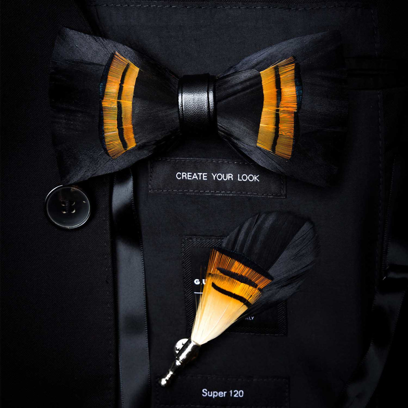 Black & Orange Midnight Feather Bow Tie with Lapel Pin