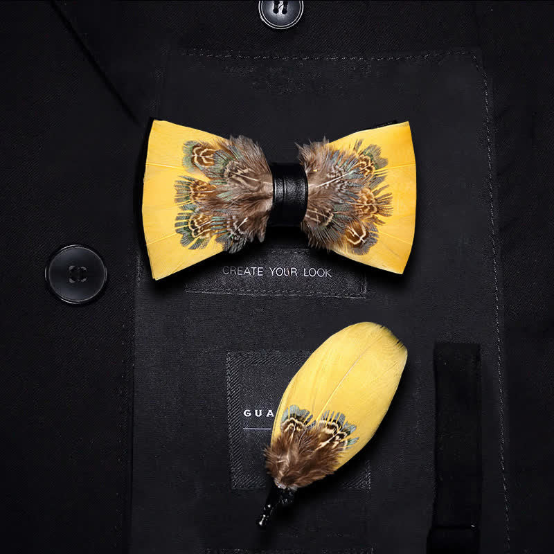 Yellow & Brown Pheasant Feather Bow Tie with Lapel Pin