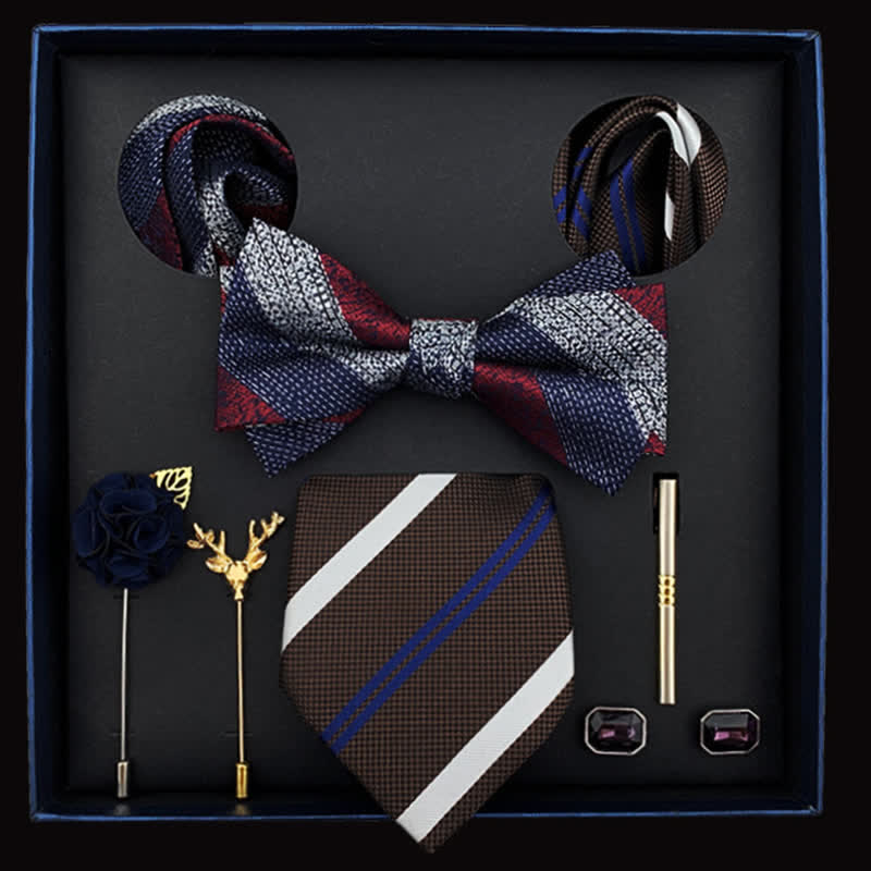 8Pcs Men's Luxury Navy Coffee Red Strips Bow Ties Gift Box