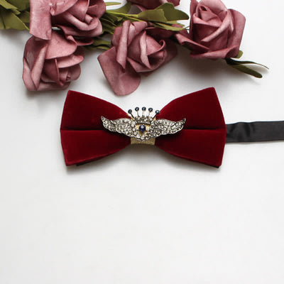 Men's Red Velvet Gold Tone Metal Flower Bow Tie