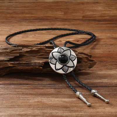 Oval Carved Petal Black Turquoise Stone Bolo Tie