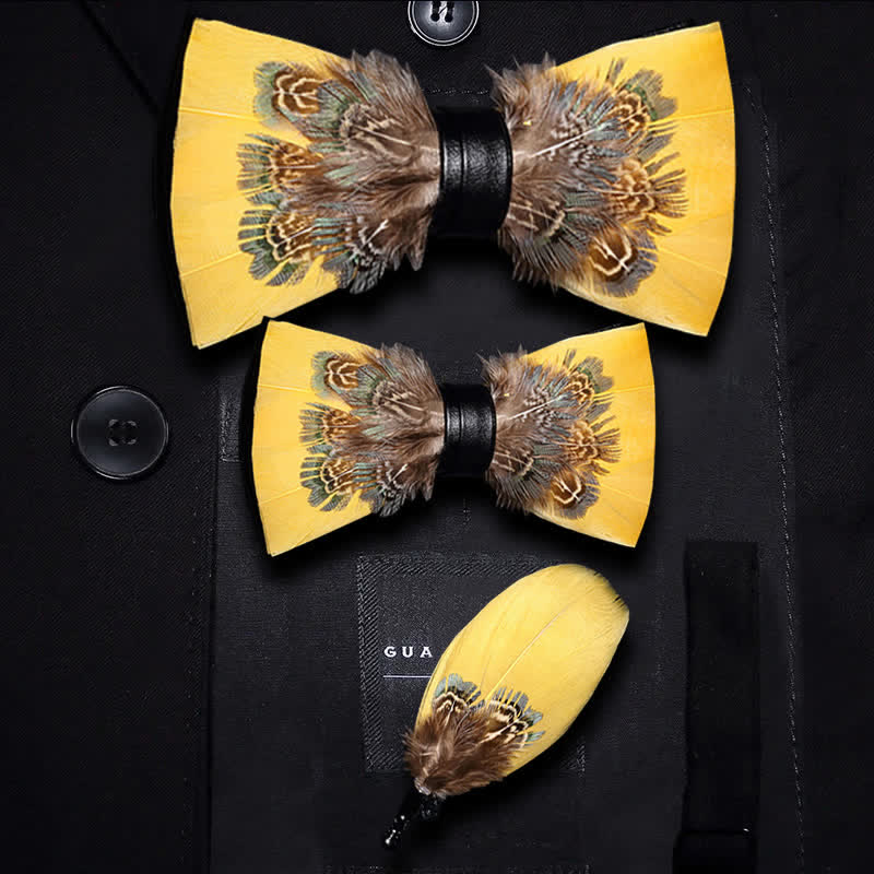Kid's Yellow & Brown Pheasant Feather Bow Tie with Lapel Pin