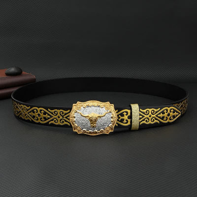 Men's Bull Bronzing Floral Embossed Print Leather Belt