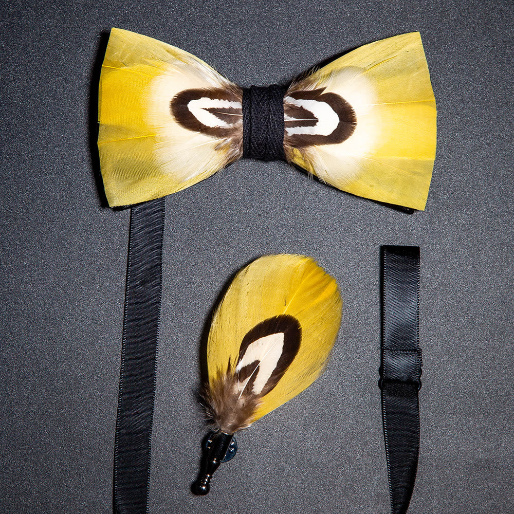 Yellow Parrot Feather Bow Tie with Lapel Pin