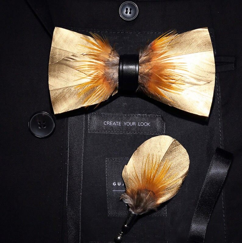 Kid's Gold & Tobacco Feather Bow Tie with Lapel Pin