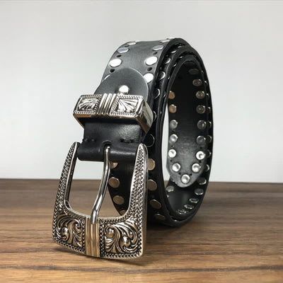 Western Two Rows Round Rivets Studded Leather Belt