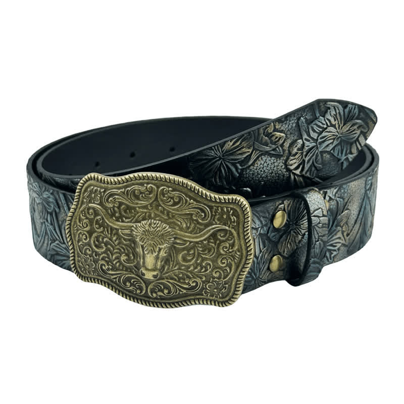 Boho Style Cow Head Western Embossed Leather Belt