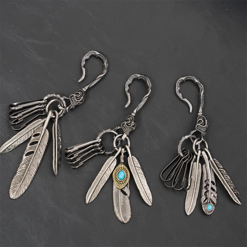 Boho Skull Feathers Blue Turquoise Leather Keychain