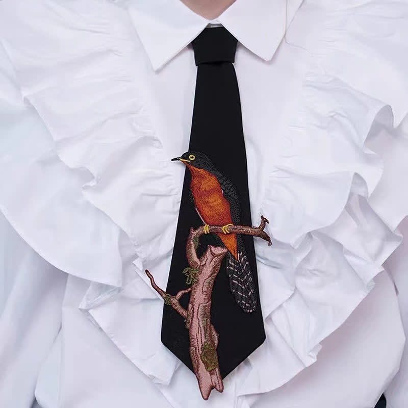 Women's Bird On A Branch Embroidered Zipper Necktie
