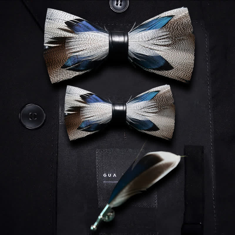 Kid's Brown & Blue Peacock Feather Bow Tie with Lapel Pin
