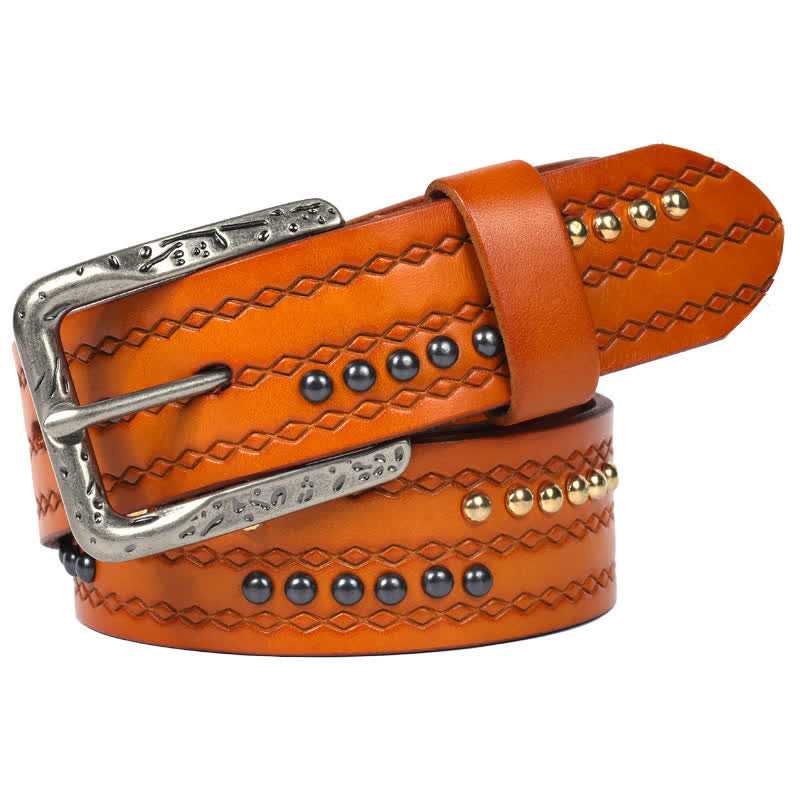 Round Rivet Fancy Stitch Embossed Pattern Leather Belt