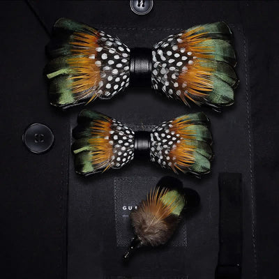 ForestGreen & Orange Vintage Feather Bow Tie with Lapel Pin