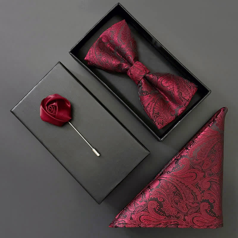 3Pcs Men's Gorgeous Burgundy Handkerchief Bow Tie Set