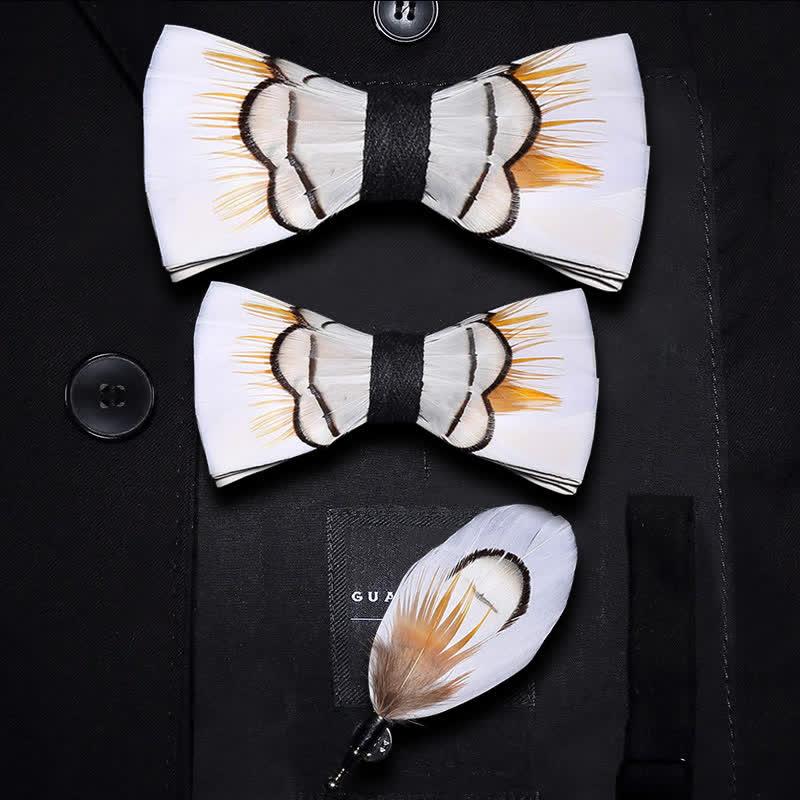 Beige Elegant Feather Bow Tie with Lapel Pin