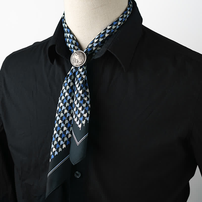 Navy & Blue Houndstooth Square Scarf with Scarf Buckle