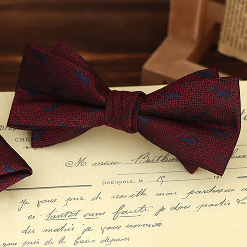 2Pcs Men's Burgundy Floral Bow Tie Handkerchief Set