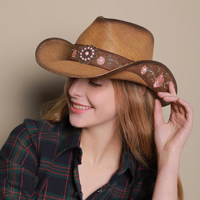 Pink Flower Western Party Cowgirl Cowboy Straw Hat