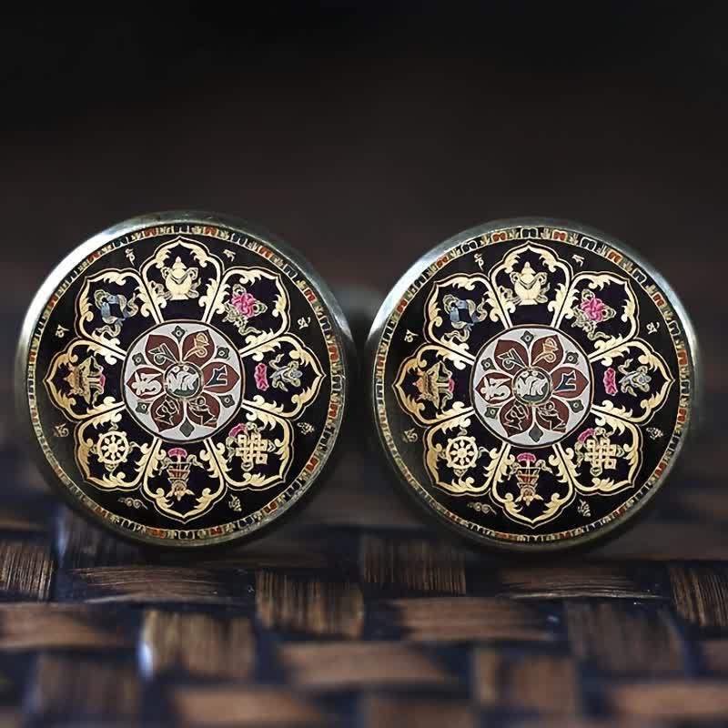 Men's Black Mandala Flower Glass Dome Cufflinks