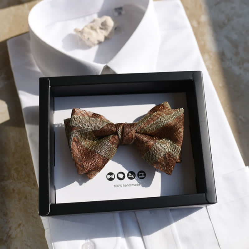 Men's Vintage Brown & Gold Linen Striped Bow Tie