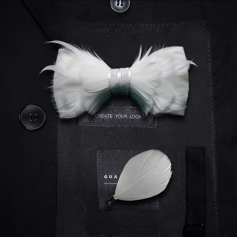 Pure White Prince Feather Bow Tie with Lapel Pin