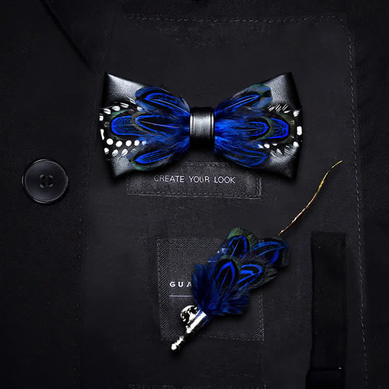 DarkBlue White Dots Lively Feather Bow Tie with Lapel Pin