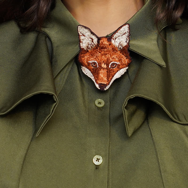 Women's Fox Head Embroidered Short Zipper Necktie