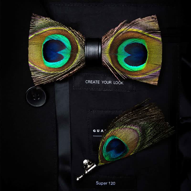 Green Peacock Feather Bow Tie with Lapel Pin