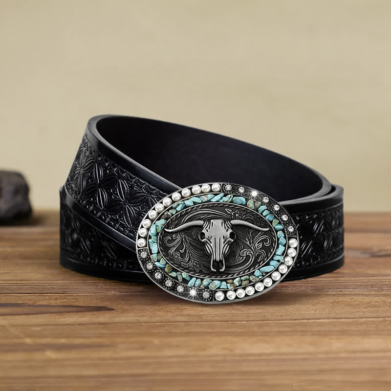 Men's DIY Sparkling Pearl Stones Bull Buckle Leather Belt