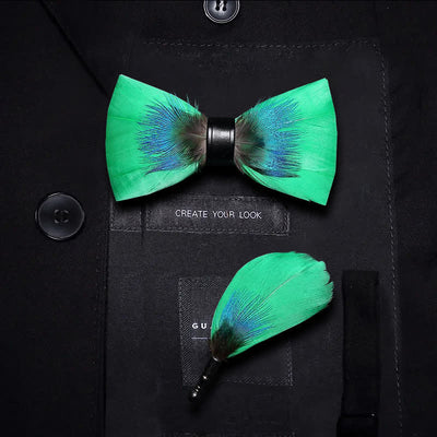 Blue & Green Novelty Feather Bow Tie with Lapel Pin