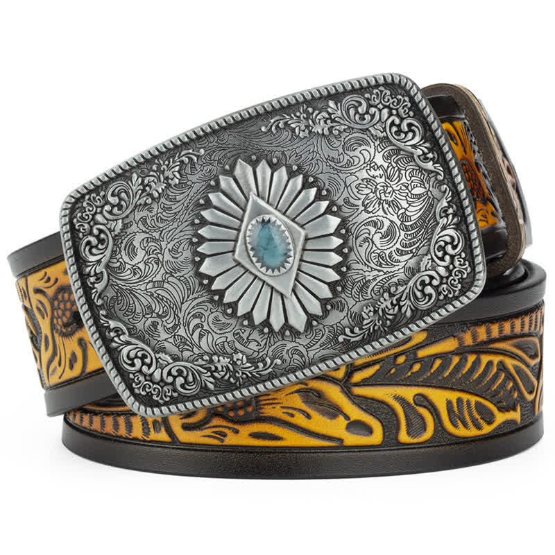 Men's Floral Engraving Pattern Automatic Buckle Leather Belt