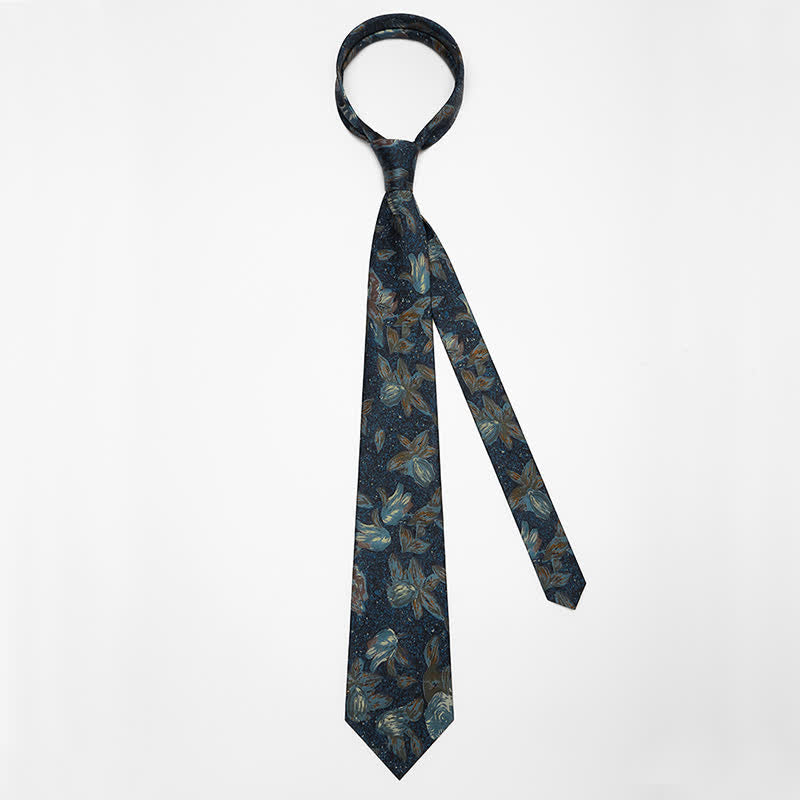 Men's Navy Blue Retro Oil Painting Floral Necktie