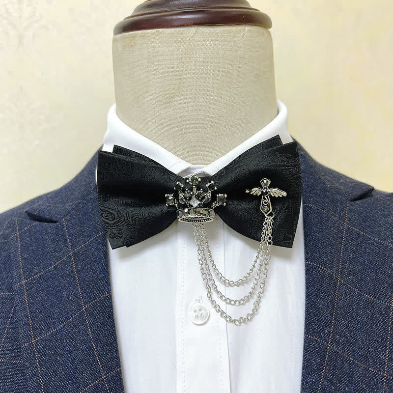 Men's Silver Metal Crown & Cross Chain Bow Tie