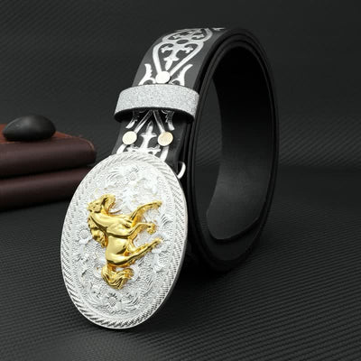 Men's Round Running Horse Silver Embossed Leather Belt