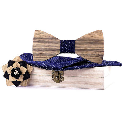 3Pcs Men's Lapel Flower Pin Walnut Wooden Bow Tie Set