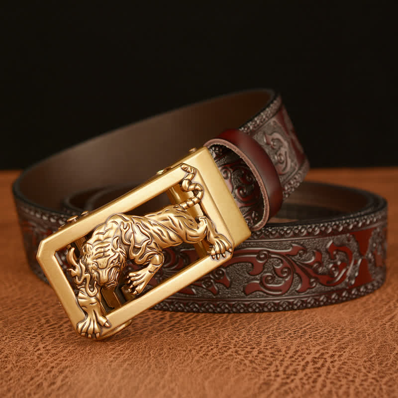 Men's Tiger Buckle Floral Embossed Leather Belt