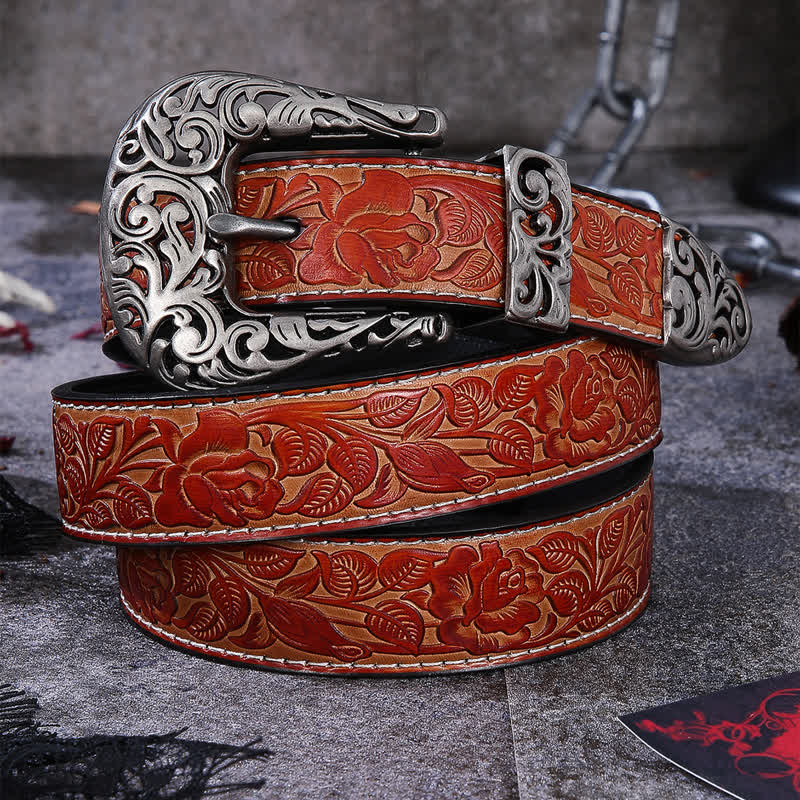 Floral Leaves Retro Hollow Buckle Leather Belt