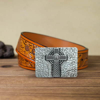 Men's DIY Medievel Style Celtic Cross Buckle Leather Belt