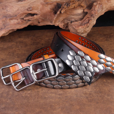 Men's Punk Fish Scale Flakes Rivets Leather Belt