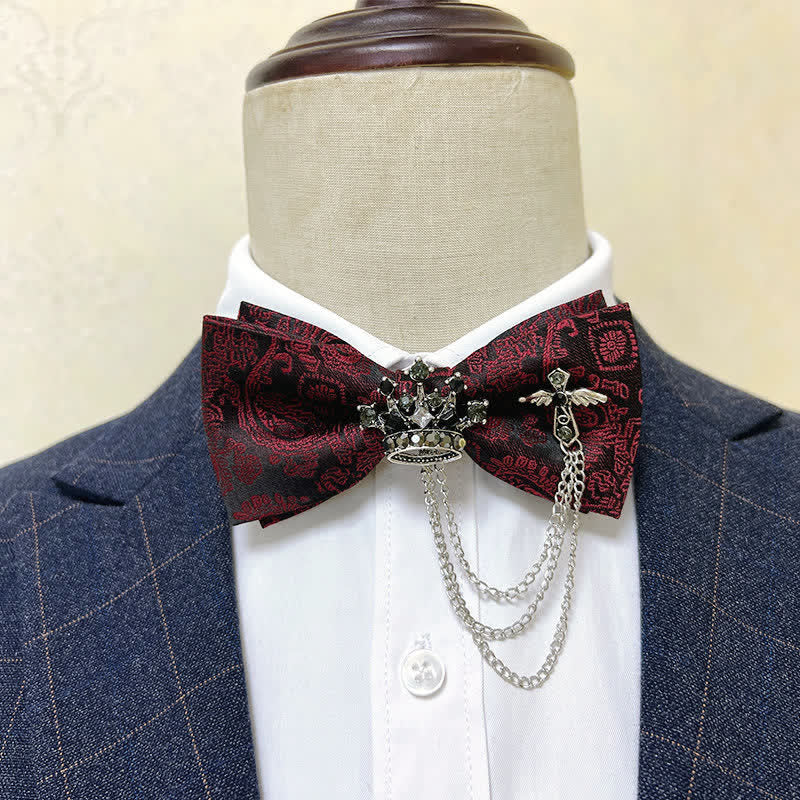 Men's Silver Metal Crown & Cross Chain Bow Tie