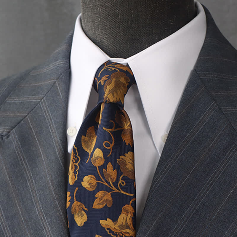 Men's Gold Morning Glories Navy Blue Necktie