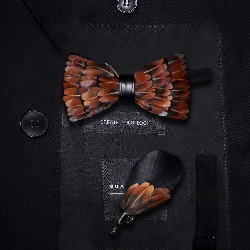 Kid's Brown & Black Trim Feather Bow Tie with Lapel Pin