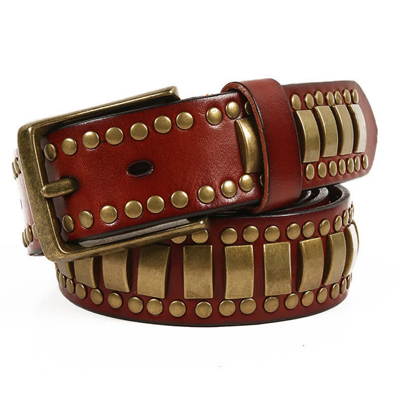 Men's Antique Gold Round Square Rivets Leather Belt